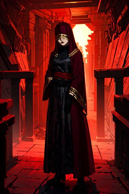 4291412783-2980920594-1girl, robe, dress, hood, covered eyes, black gloves, black footwear, ominous temple, red theme, standing, dusklight, best quali.png